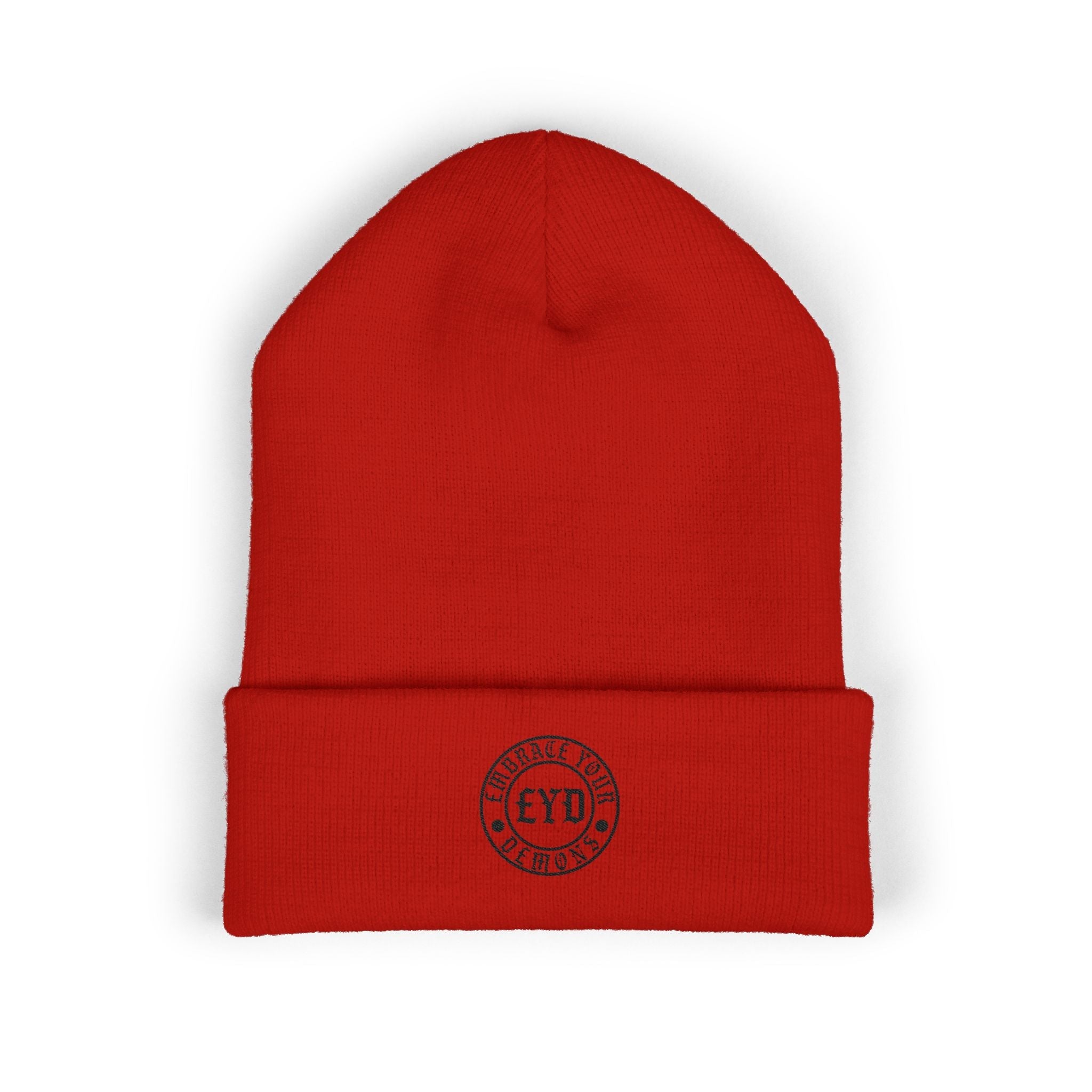 Embroidered 'EYO' Classic Cuffed Beanie — Minimal Logo Knit Hat - EMBRACE YOUR DEMONS