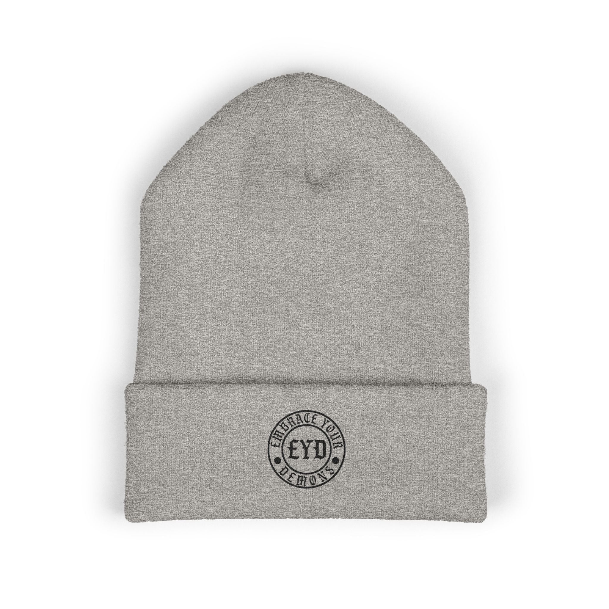 Embroidered 'EYO' Classic Cuffed Beanie — Minimal Logo Knit Hat - EMBRACE YOUR DEMONS