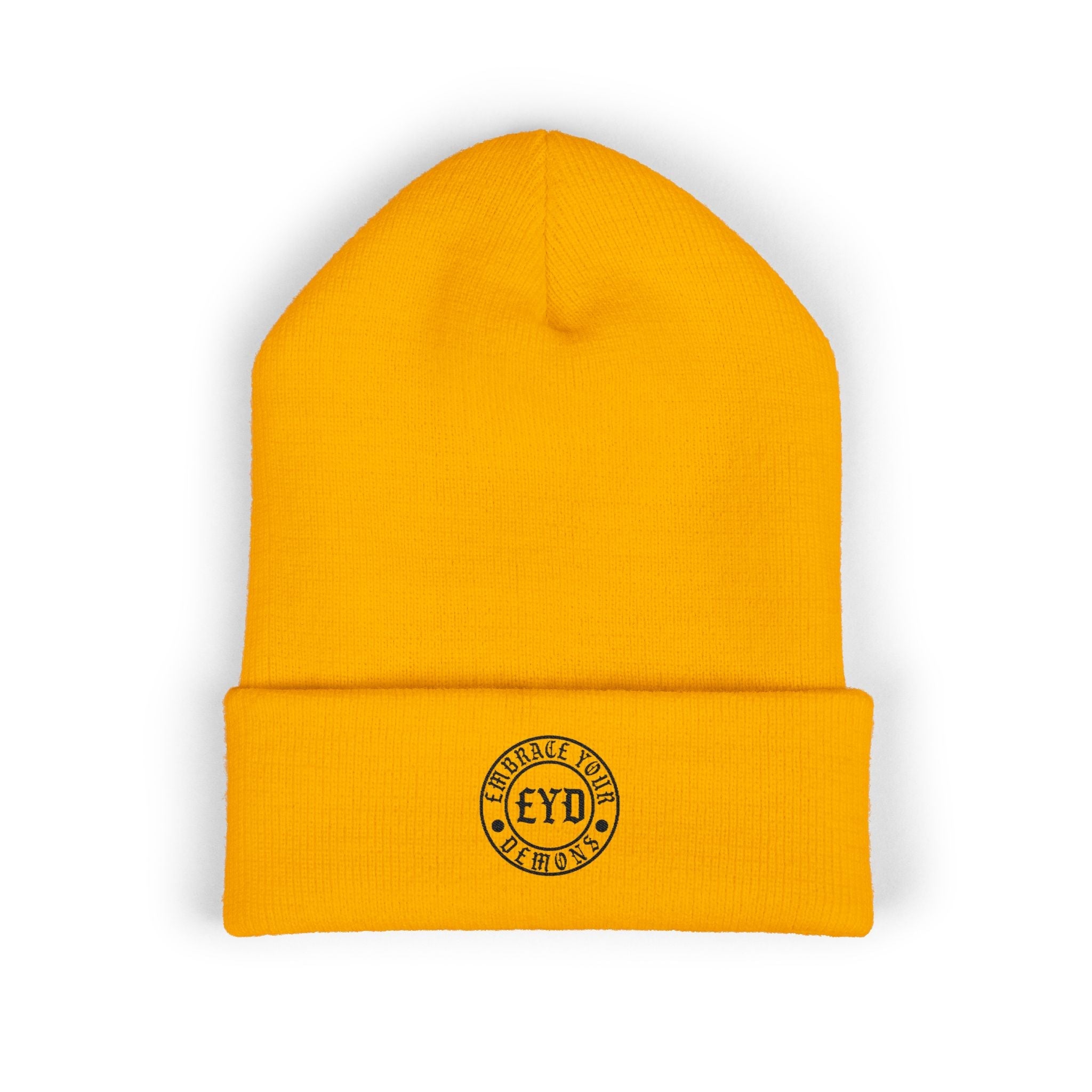Embroidered 'EYO' Classic Cuffed Beanie — Minimal Logo Knit Hat - EMBRACE YOUR DEMONS