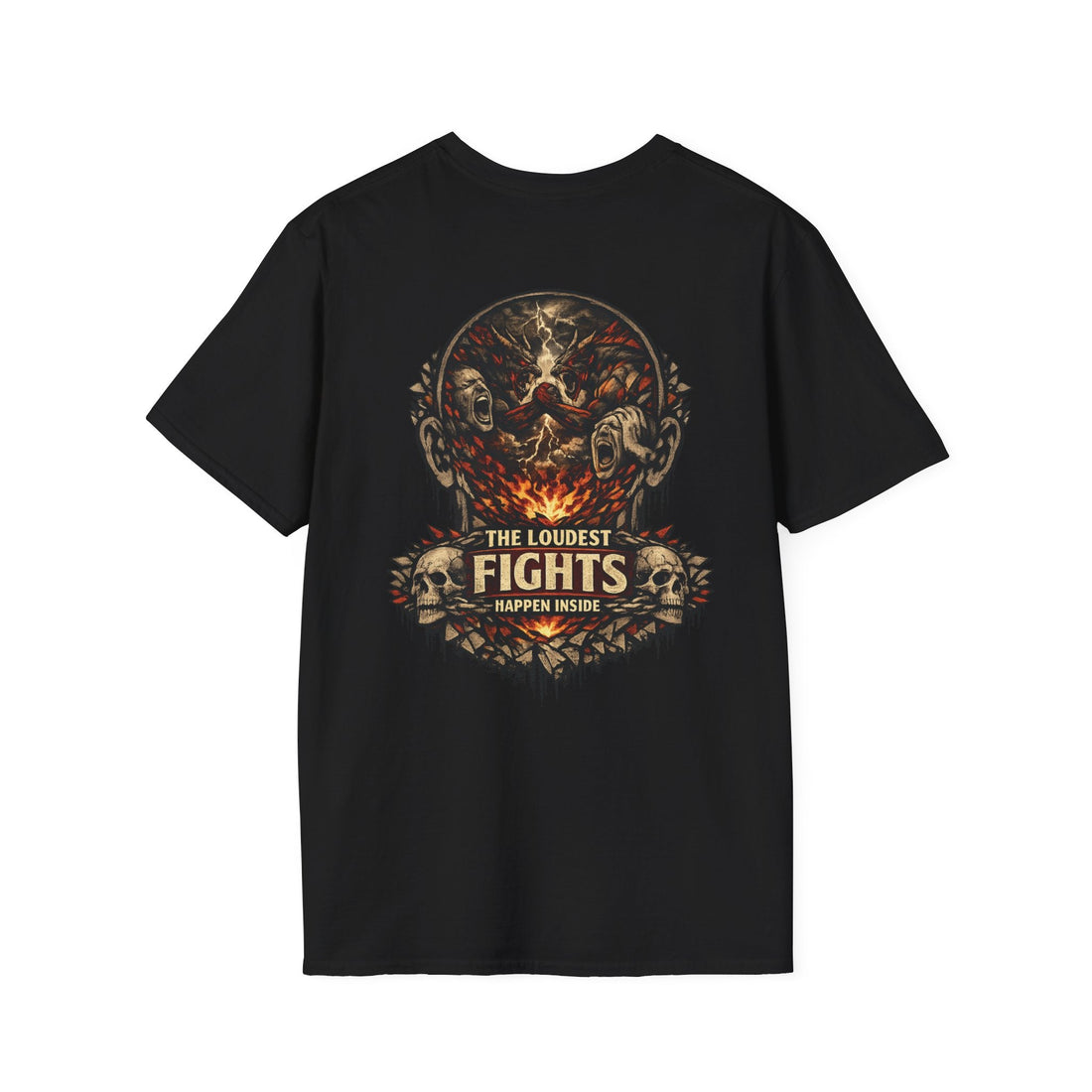 Graphic T-Shirt — “The Loudest Fights Happen Inside” Skull & Flame Design - EMBRACE YOUR DEMONS