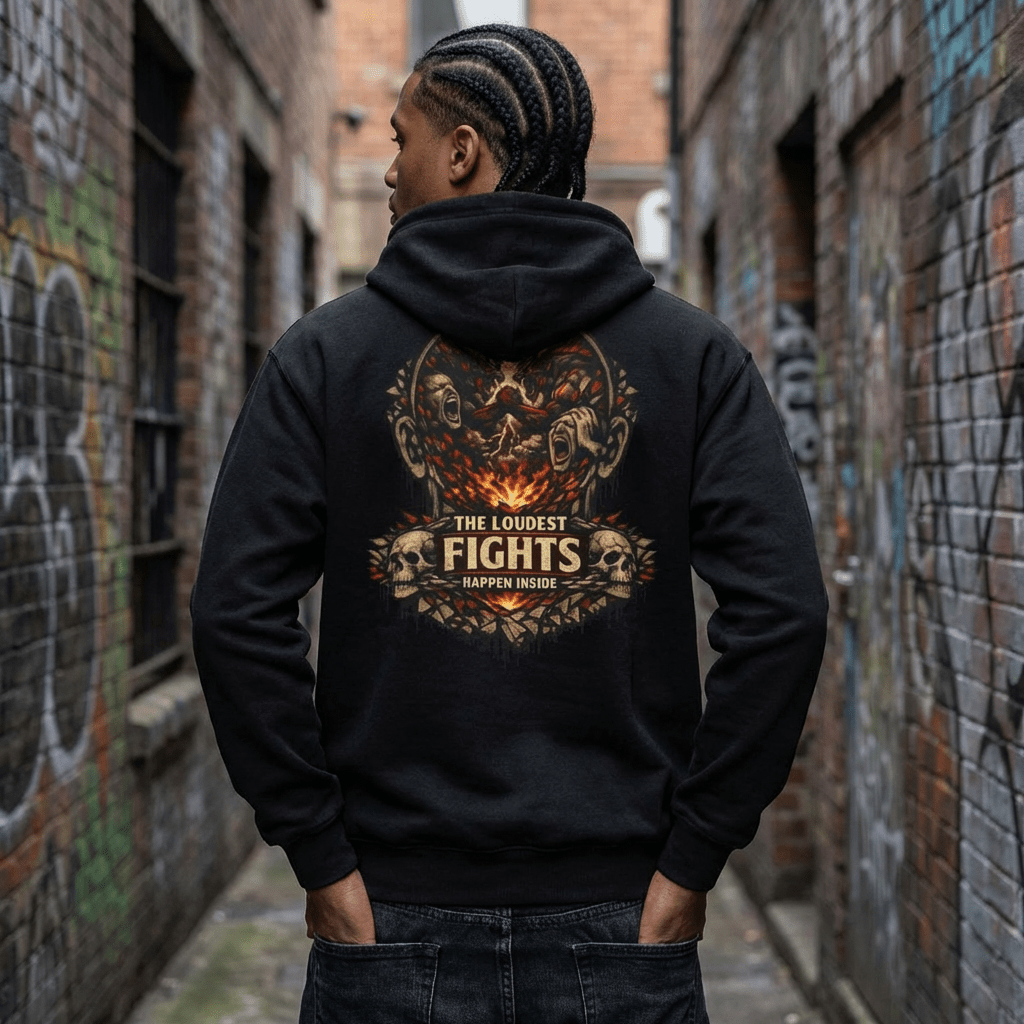 Hoodie — 'The Loudest Fights Happen Inside' Gothic Skull Graphic Pullover - EMBRACE YOUR DEMONS