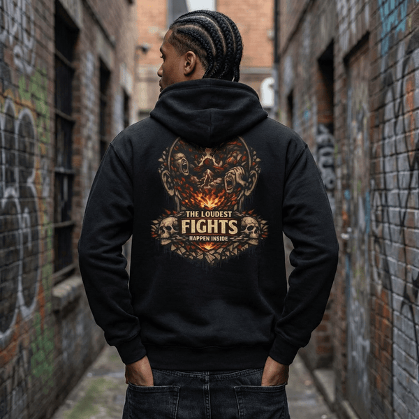 Hoodie — 'The Loudest Fights Happen Inside' Gothic Skull Graphic Pullover - EMBRACE YOUR DEMONS