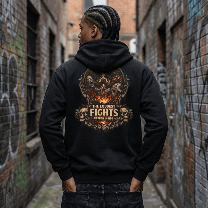 Hoodie — 'The Loudest Fights Happen Inside' Gothic Skull Graphic Pullover - EMBRACE YOUR DEMONS